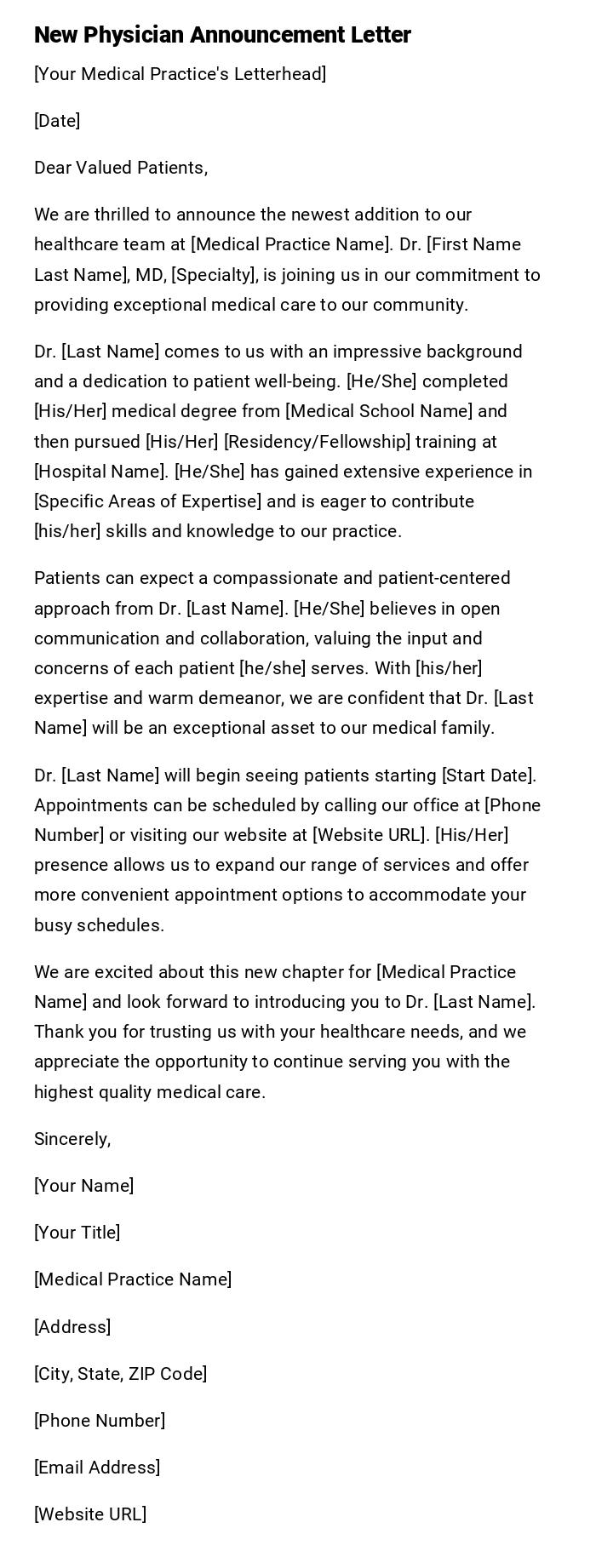 New Physician Announcement Letter