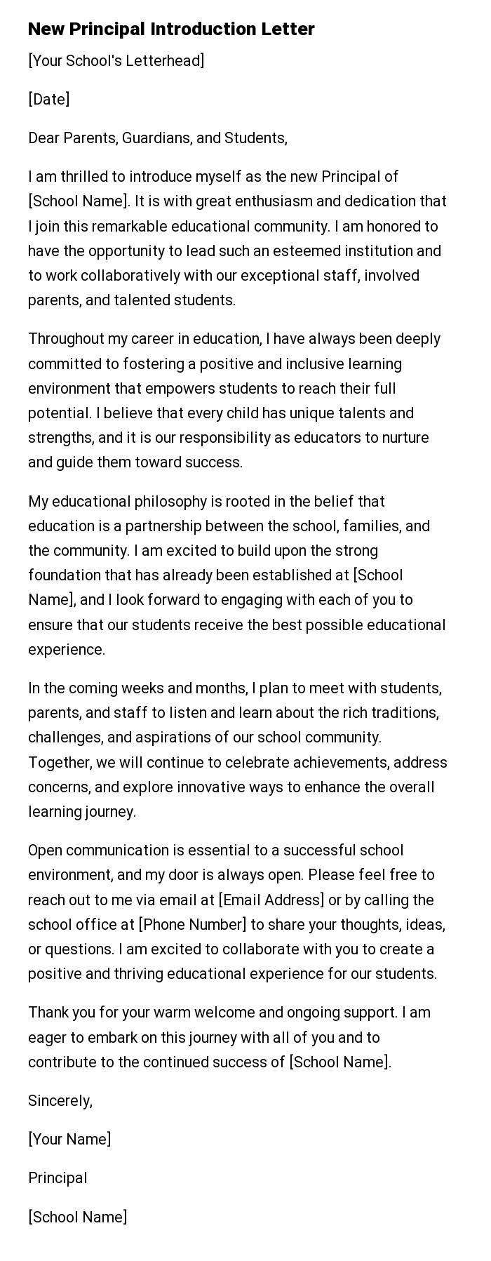 New Principal Introduction Letter