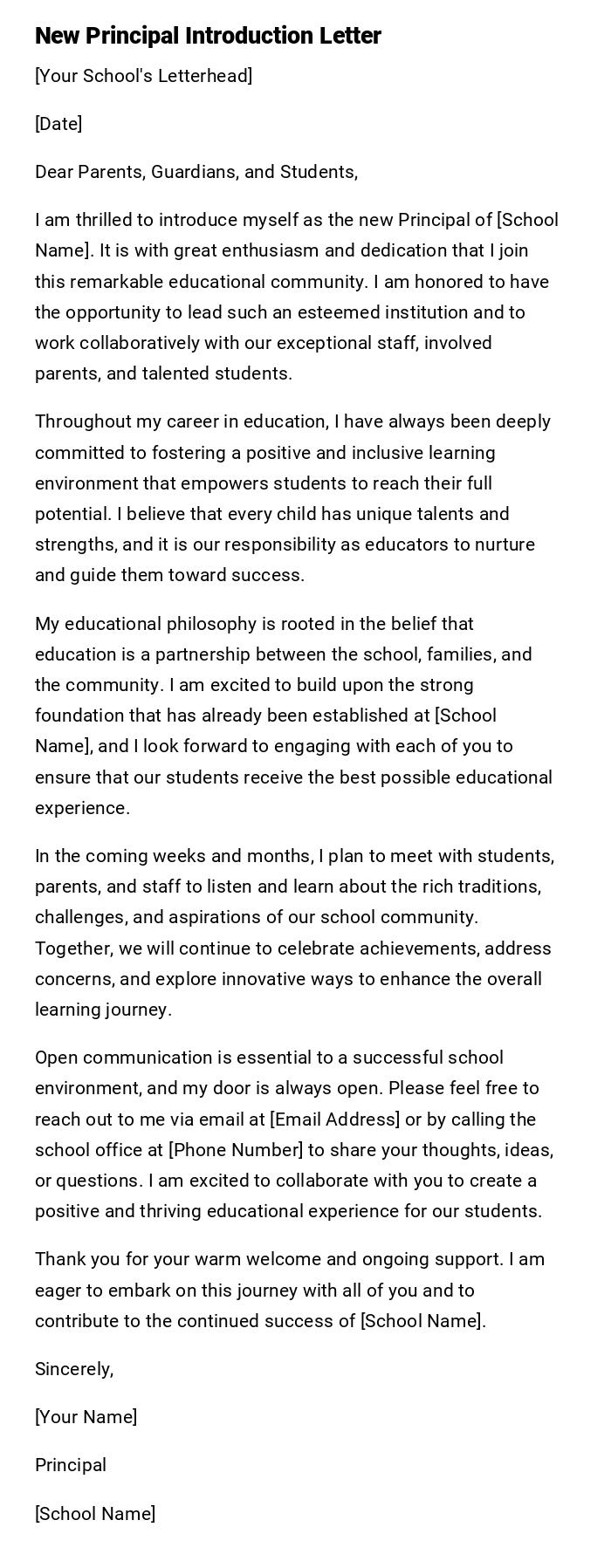 New Principal Introduction Letter