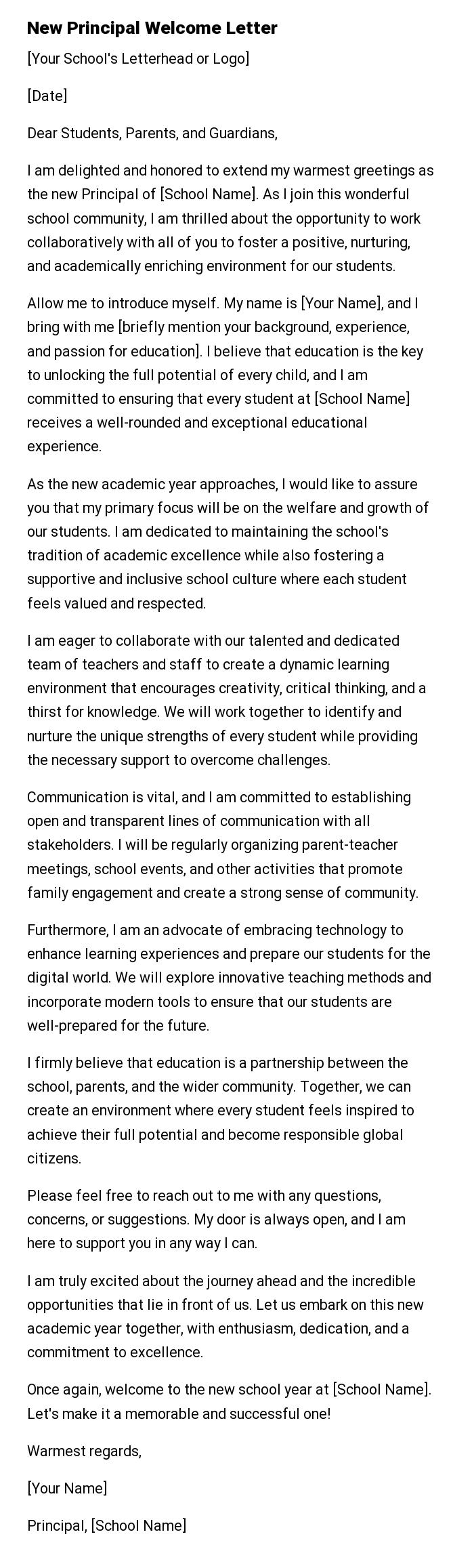 New Principal Welcome Letter