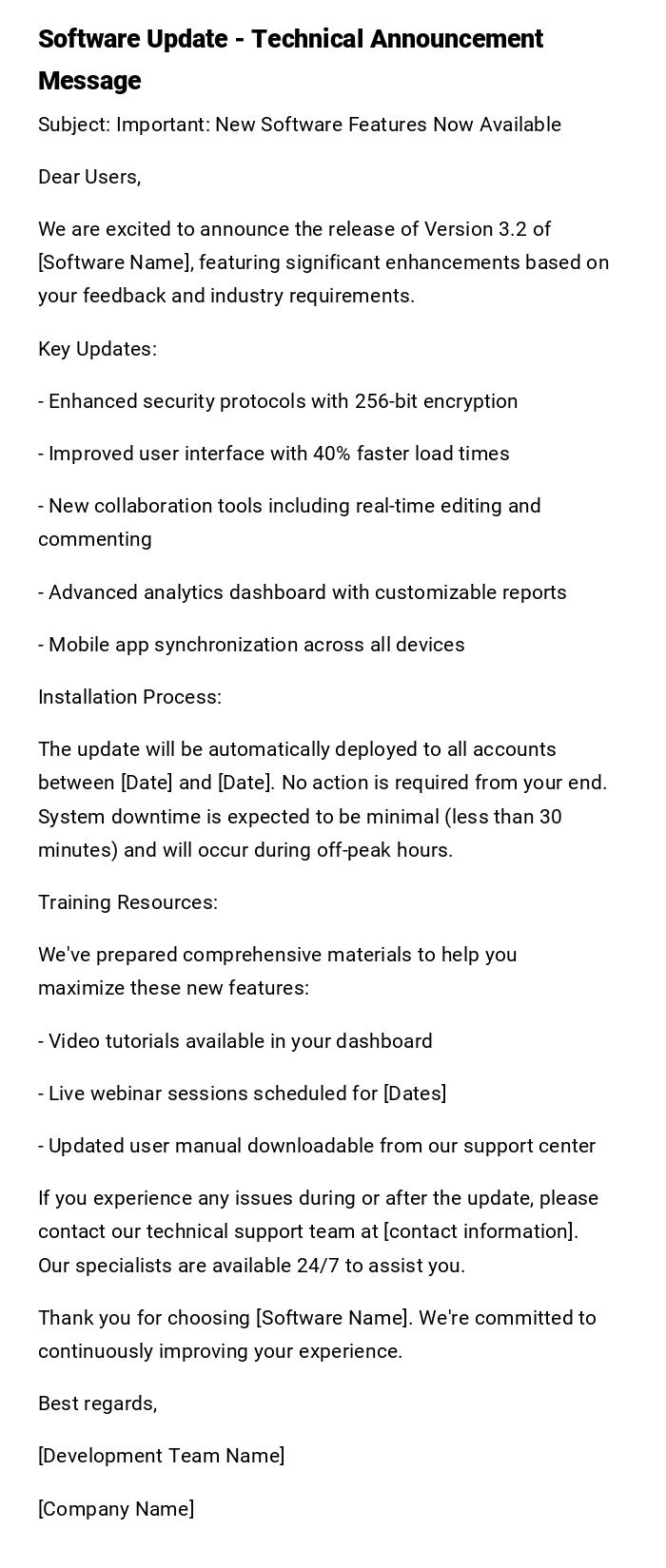 Software Update - Technical Announcement Message Software Update - Technical Announcement Message