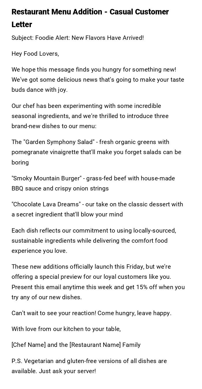 Restaurant Menu Addition - Casual Customer Letter Restaurant Menu Addition - Casual Customer Letter