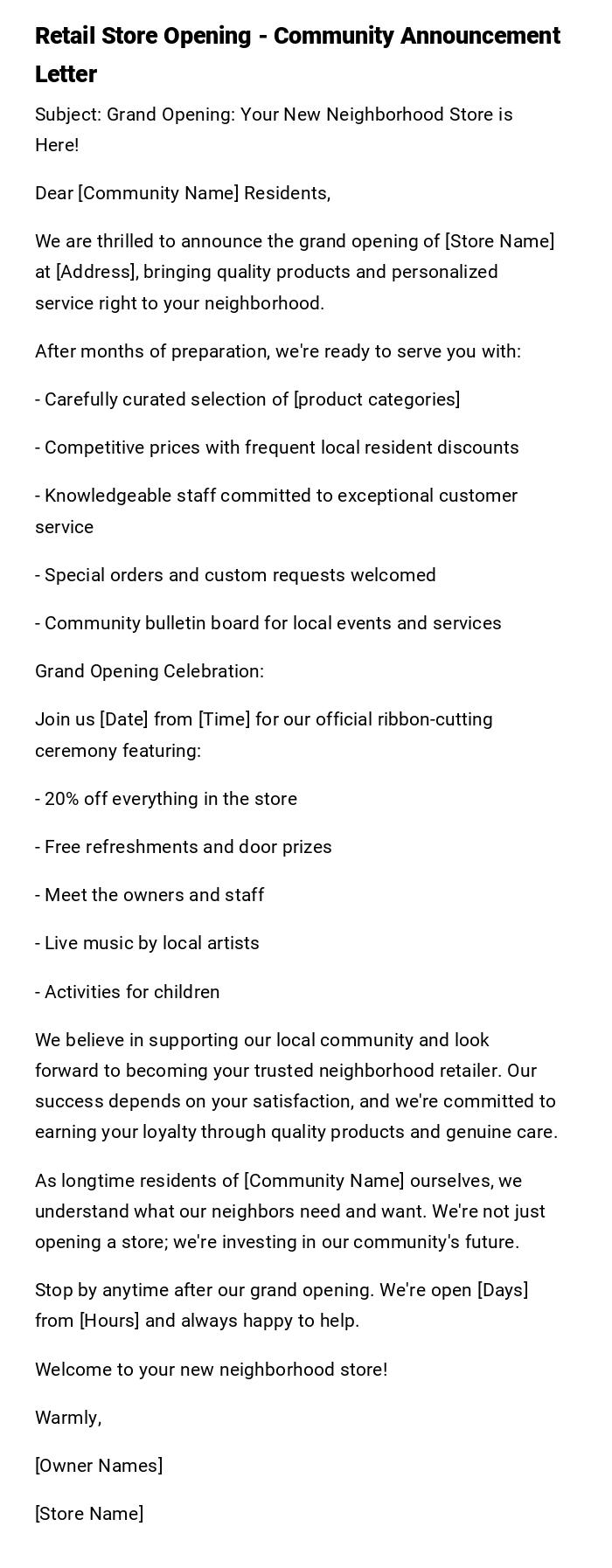 Retail Store Opening - Community Announcement Letter Retail Store Opening - Community Announcement Letter