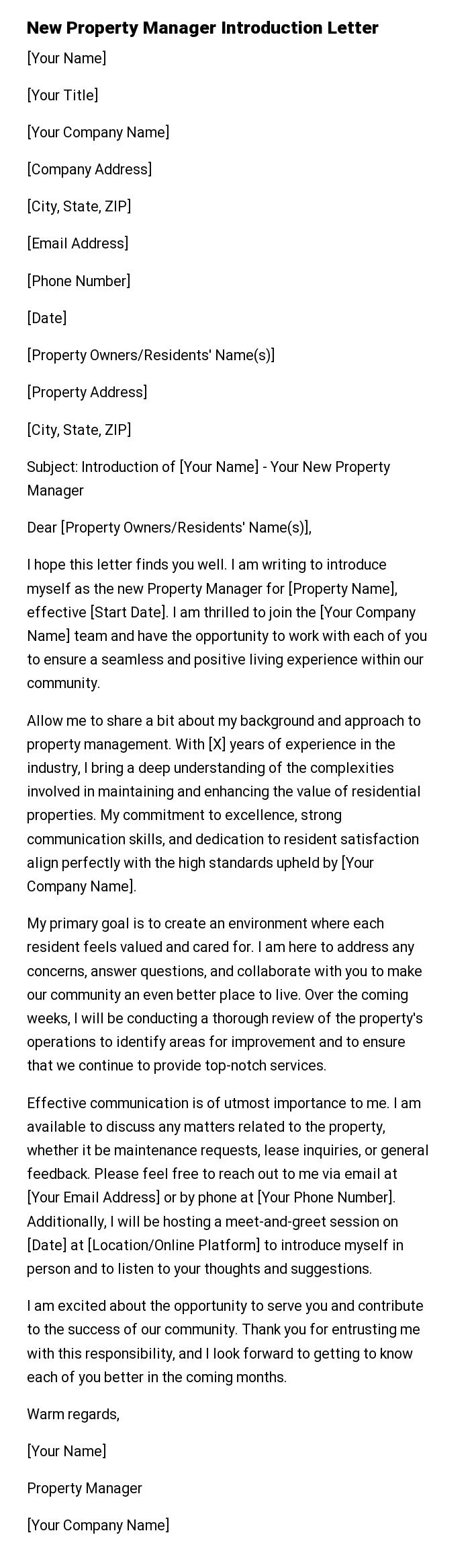 New Property Manager Introduction Letter