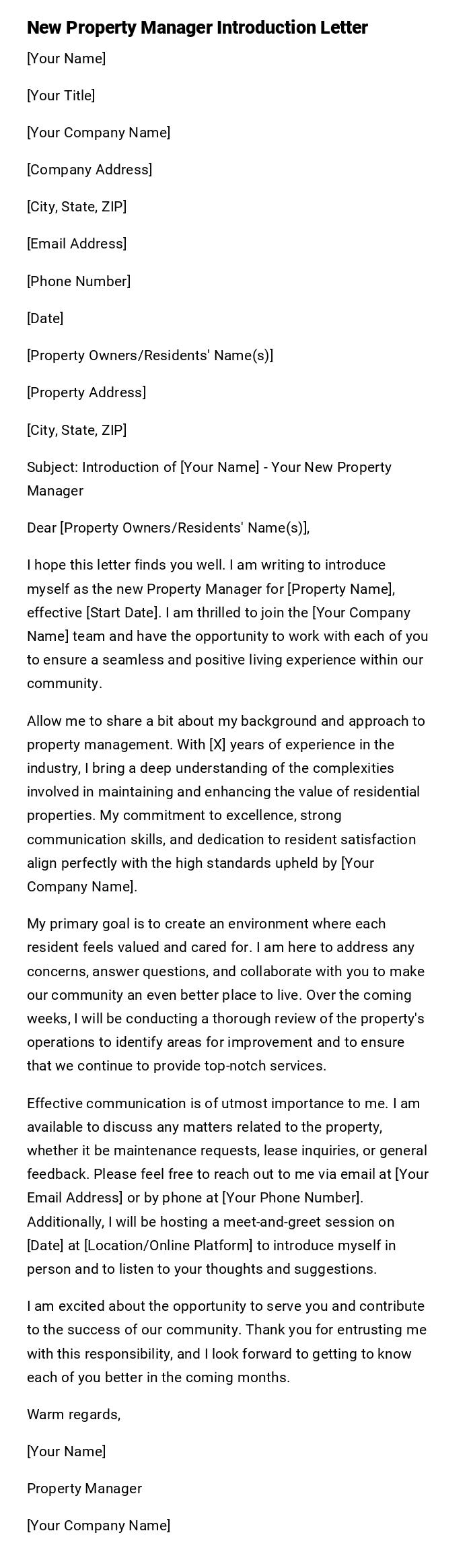 New Property Manager Introduction Letter