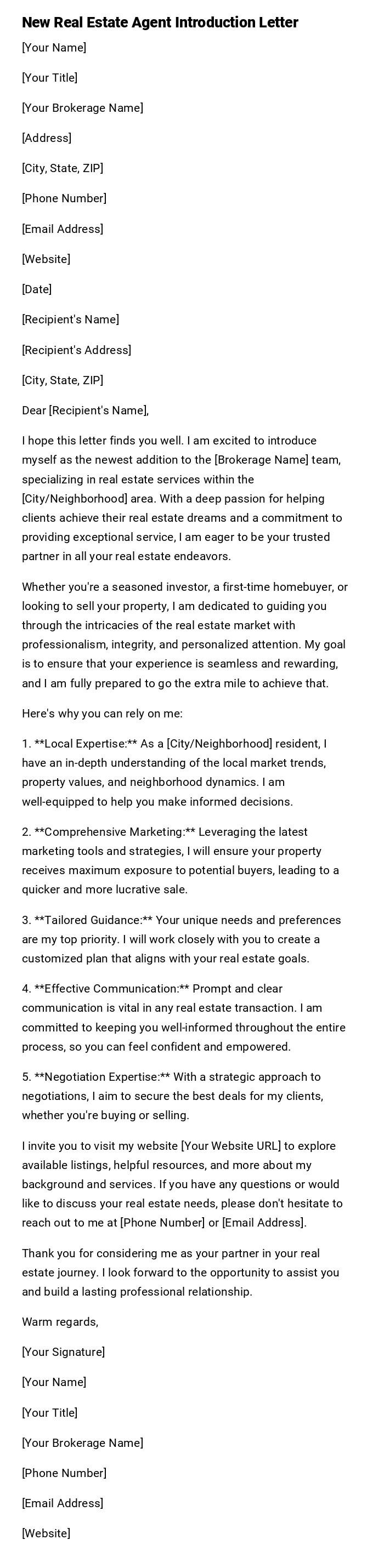 New Real Estate Agent Introduction Letter