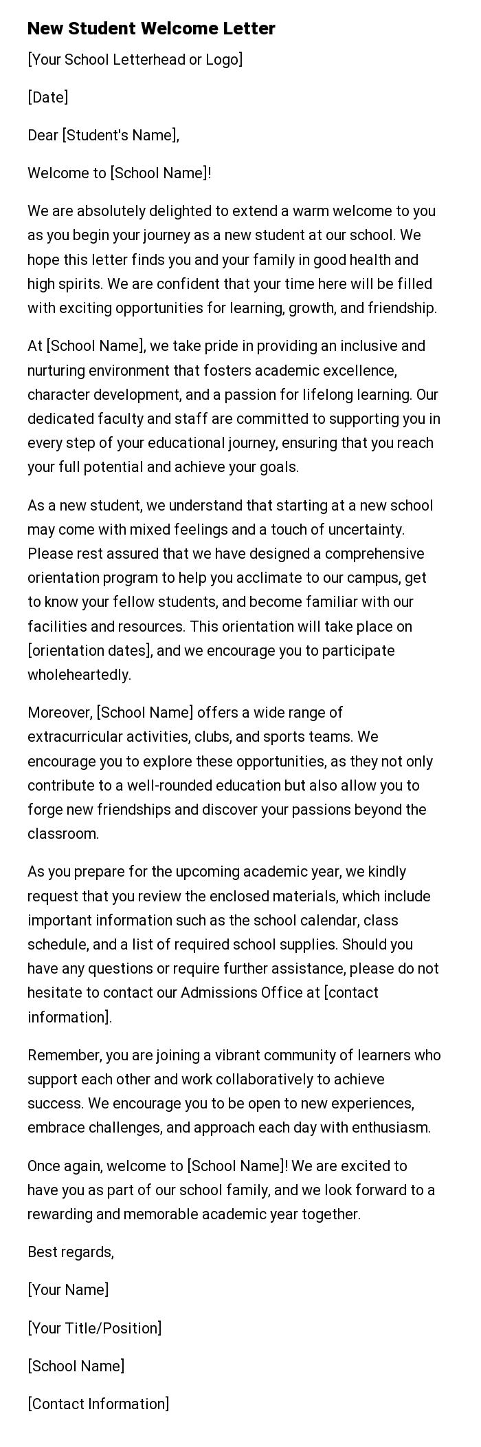 New Student Welcome Letter