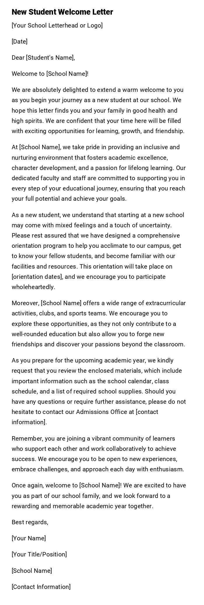 New Student Welcome Letter