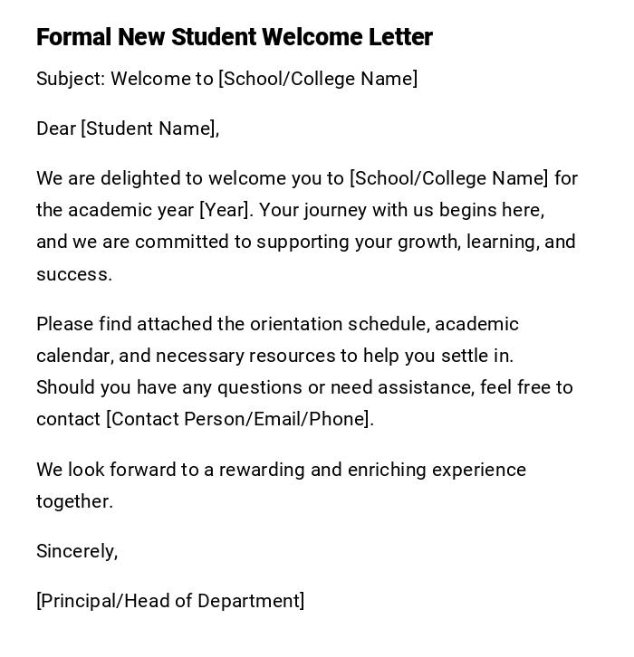 Formal New Student Welcome Letter