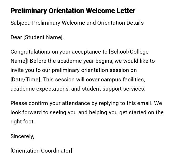 Preliminary Orientation Welcome Letter