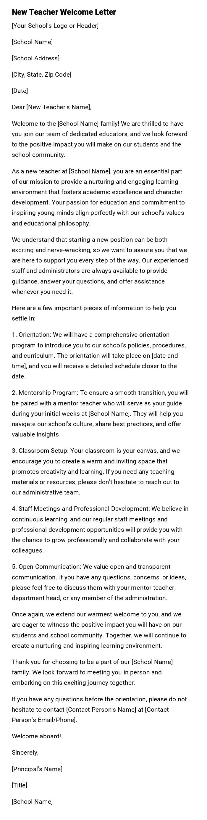 New Teacher Welcome Letter