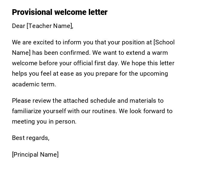 Provisional welcome letter Provisional welcome letter