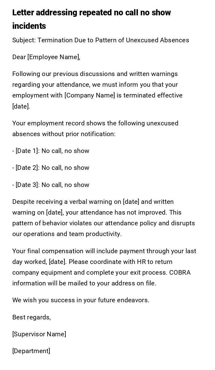 Letter addressing repeated no call no show incidents Letter addressing repeated no call no show incidents