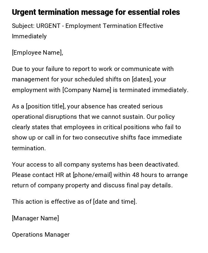 Urgent termination message for essential roles Urgent termination message for essential roles