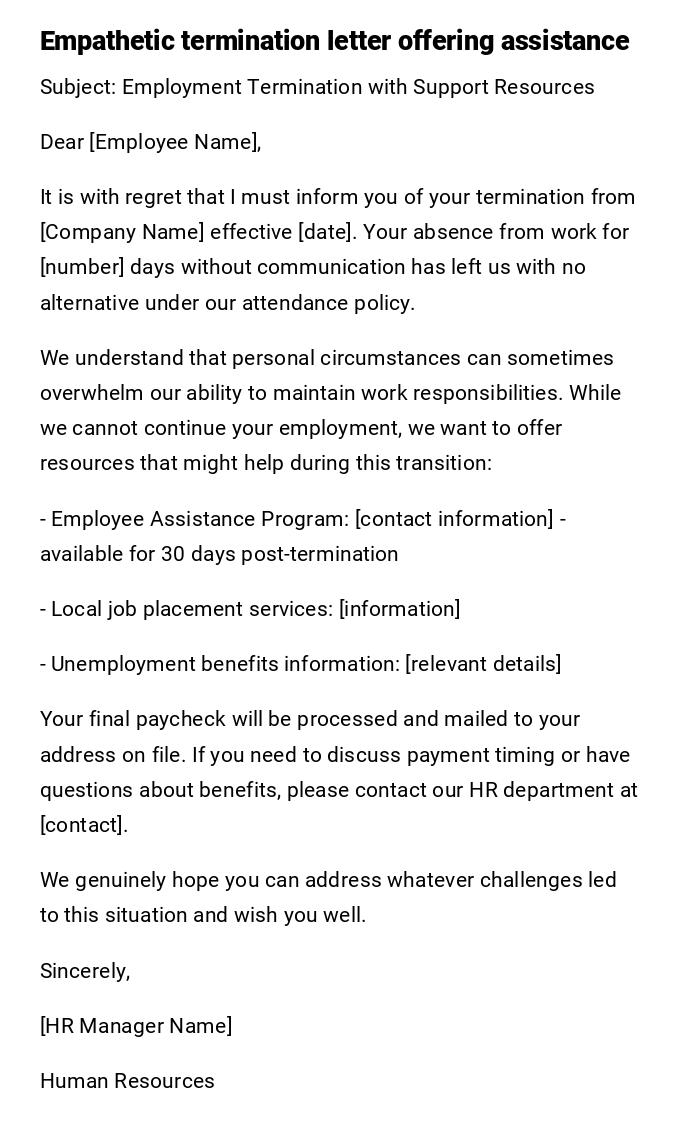 Empathetic termination letter offering assistance Empathetic termination letter offering assistance