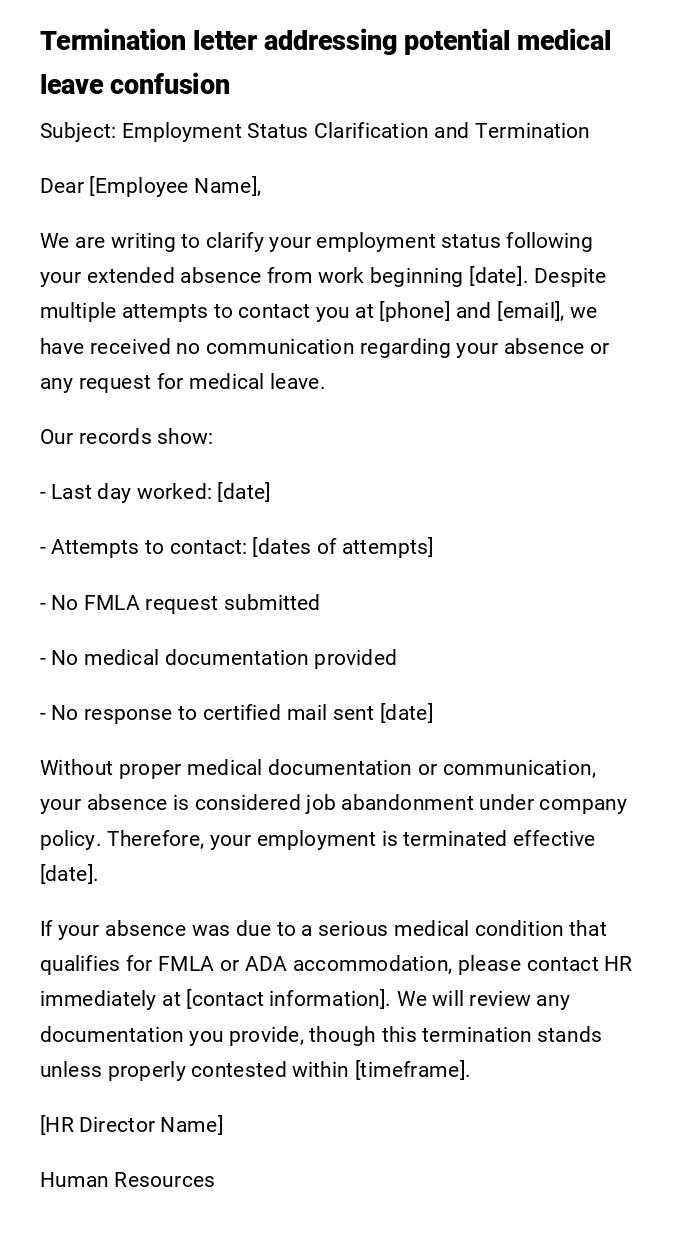 Termination letter addressing potential medical leave confusion Termination letter addressing potential medical leave confusion
