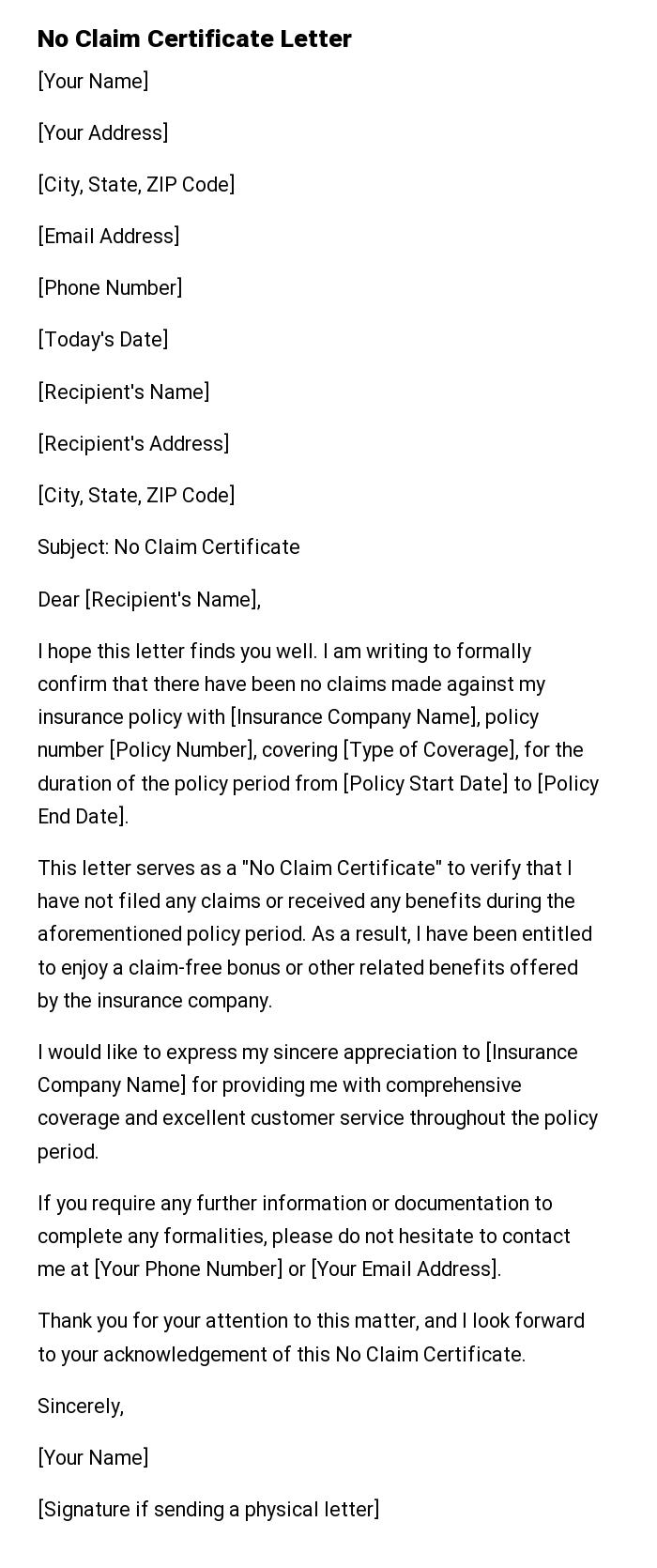 No Claim Certificate Letter