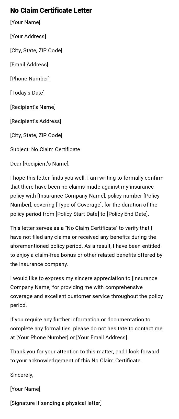 No Claim Certificate Letter