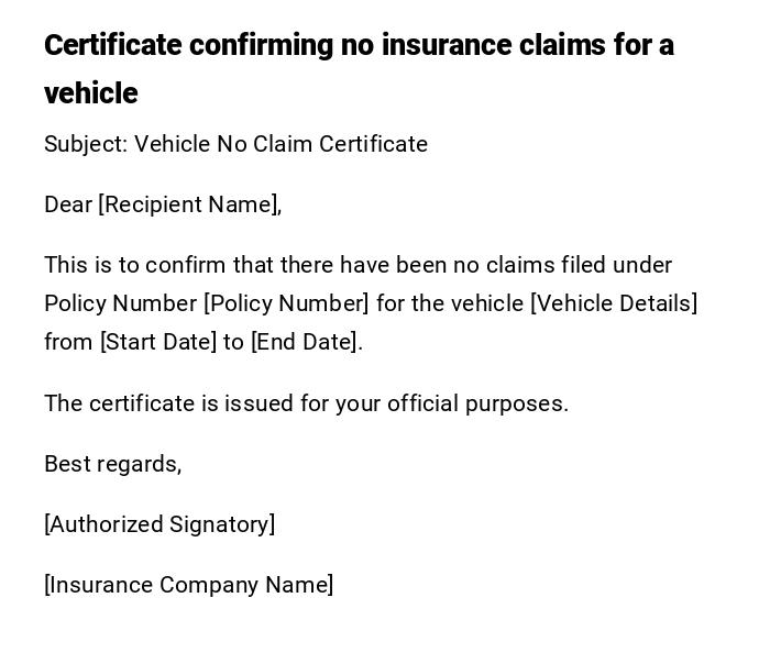 Certificate confirming no insurance claims for a vehicle Certificate confirming no insurance claims for a vehicle