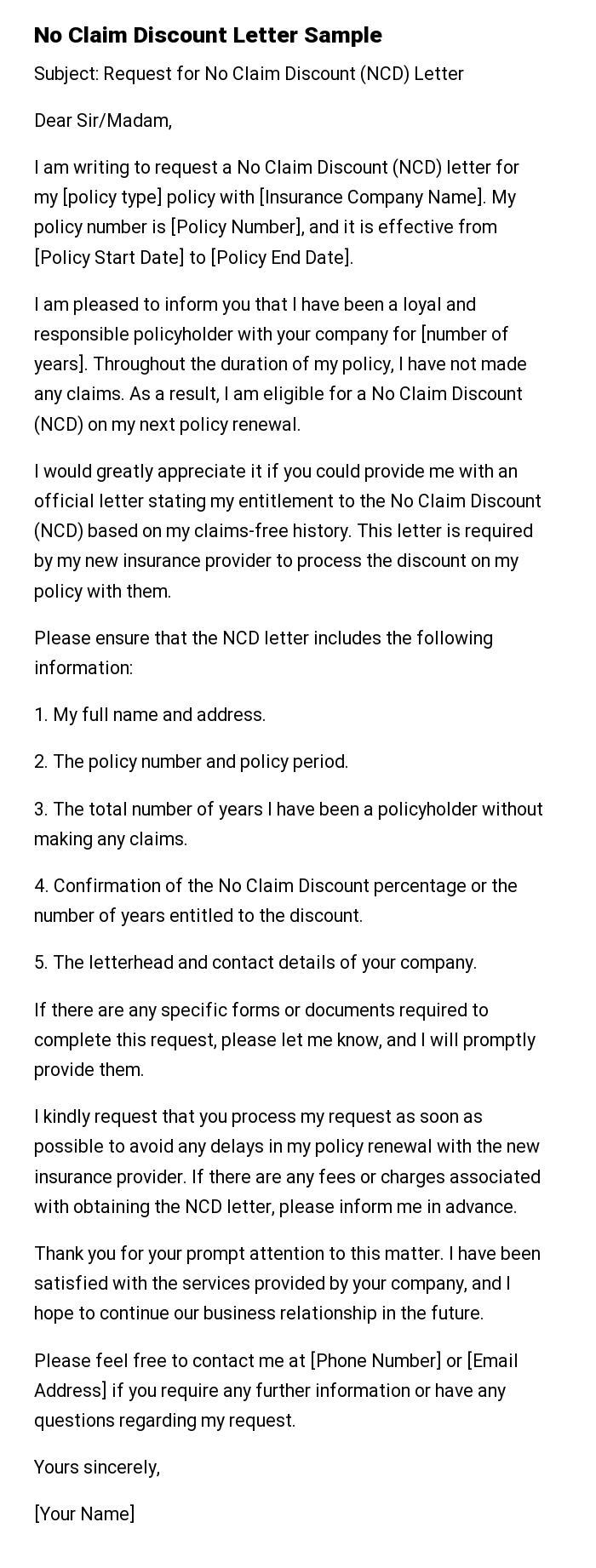 No Claim Discount Letter Sample