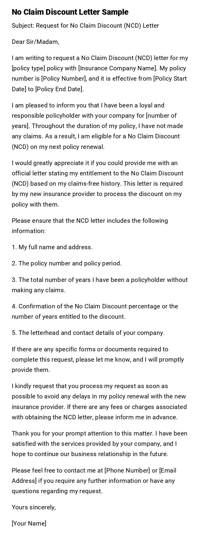 No Claim Discount Letter Sample