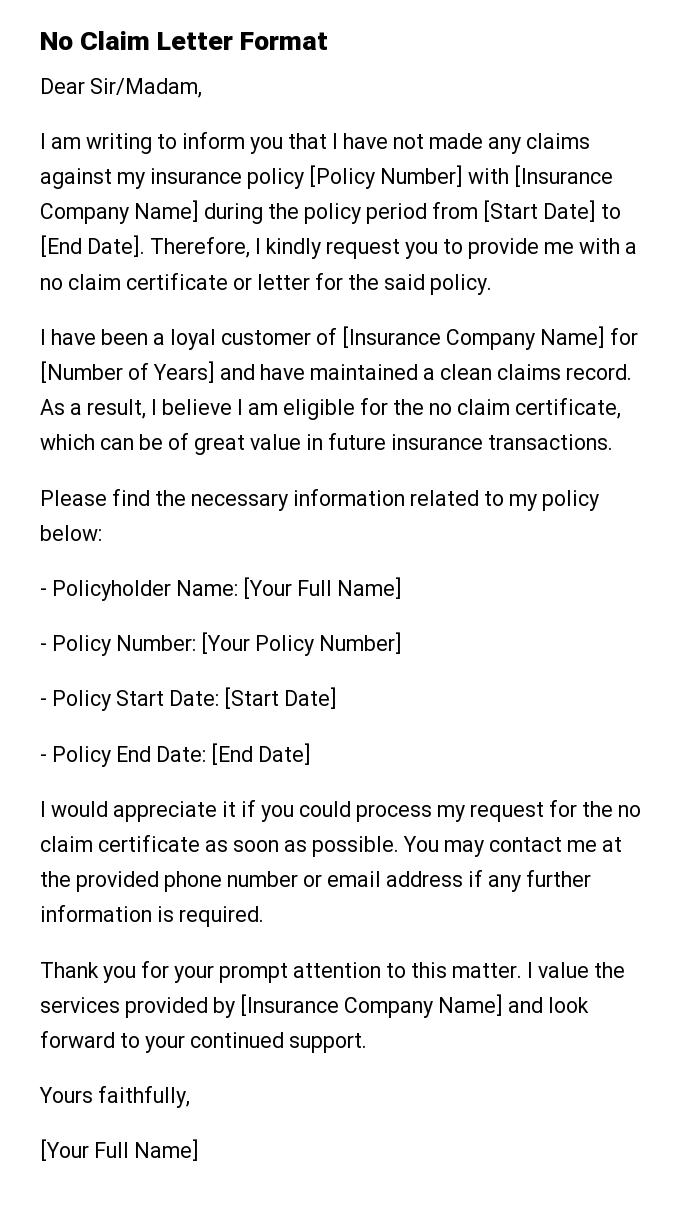No Claim Letter Format