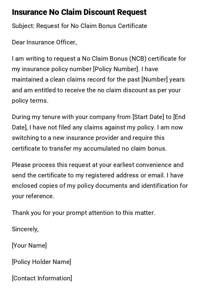 Insurance No Claim Discount Request