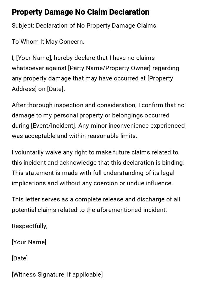 Property Damage No Claim Declaration