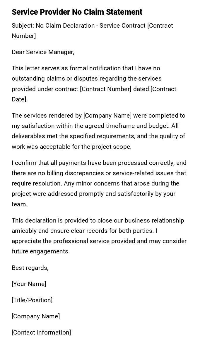 Service Provider No Claim Statement