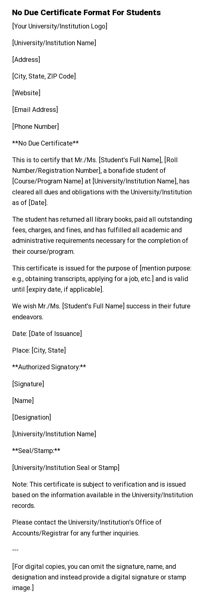 No Due Certificate Format For Students
