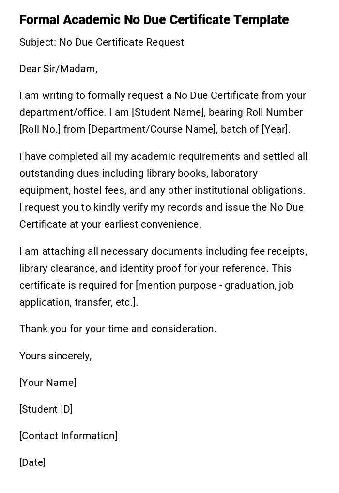 Formal Academic No Due Certificate Template Formal Academic No Due Certificate Template