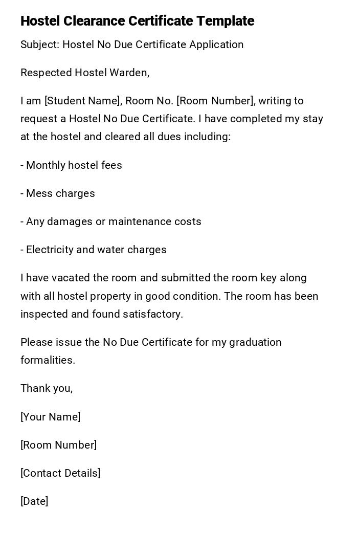 Hostel Clearance Certificate Template Hostel Clearance Certificate Template