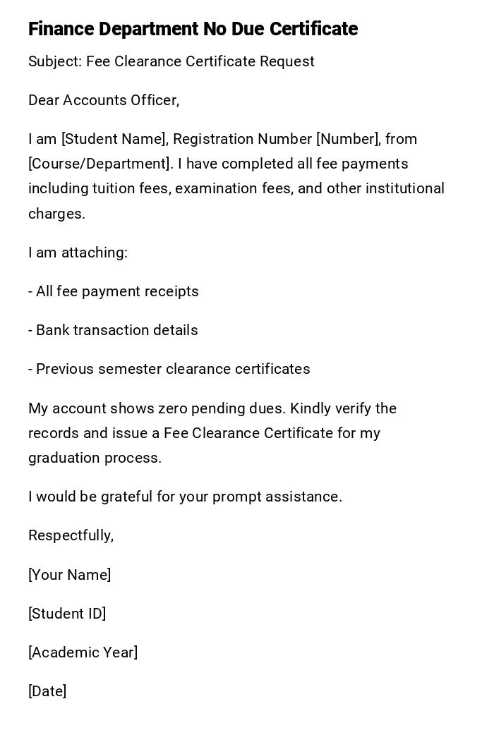 Finance Department No Due Certificate Finance Department No Due Certificate