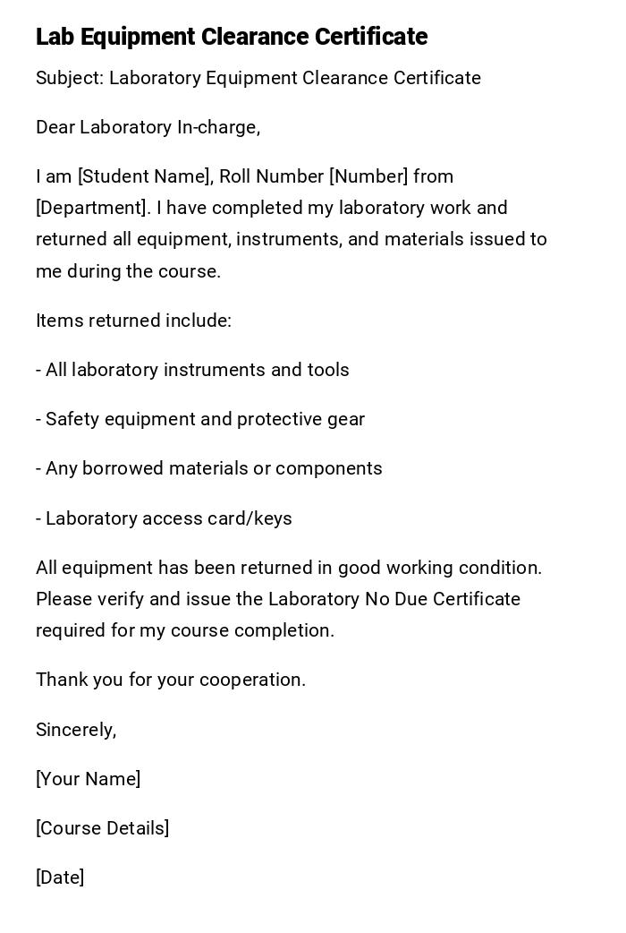 Lab Equipment Clearance Certificate Lab Equipment Clearance Certificate