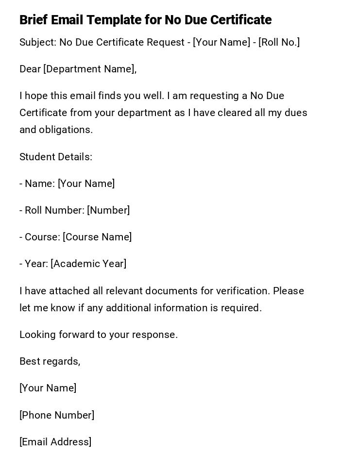 Brief Email Template for No Due Certificate Brief Email Template for No Due Certificate