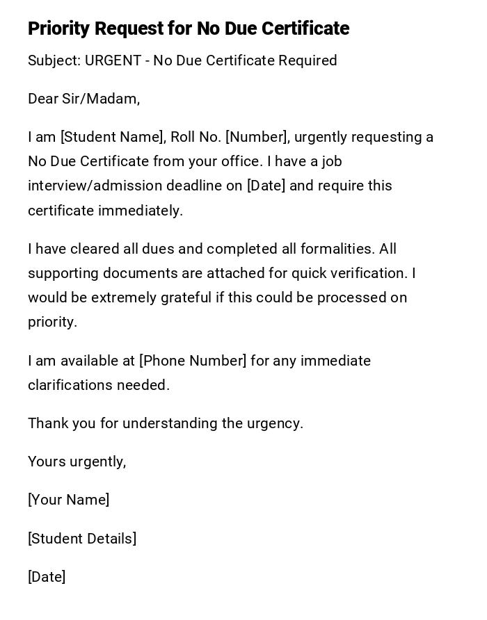 Priority Request for No Due Certificate Priority Request for No Due Certificate