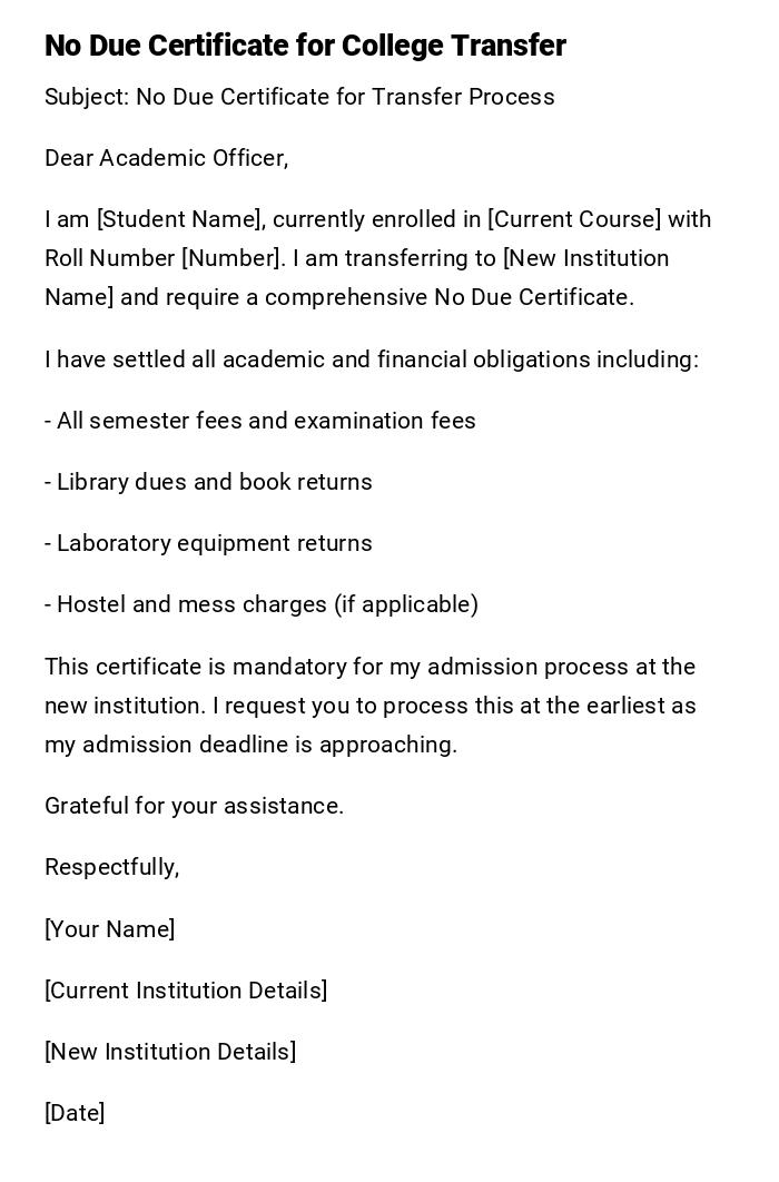 No Due Certificate for College Transfer No Due Certificate for College Transfer