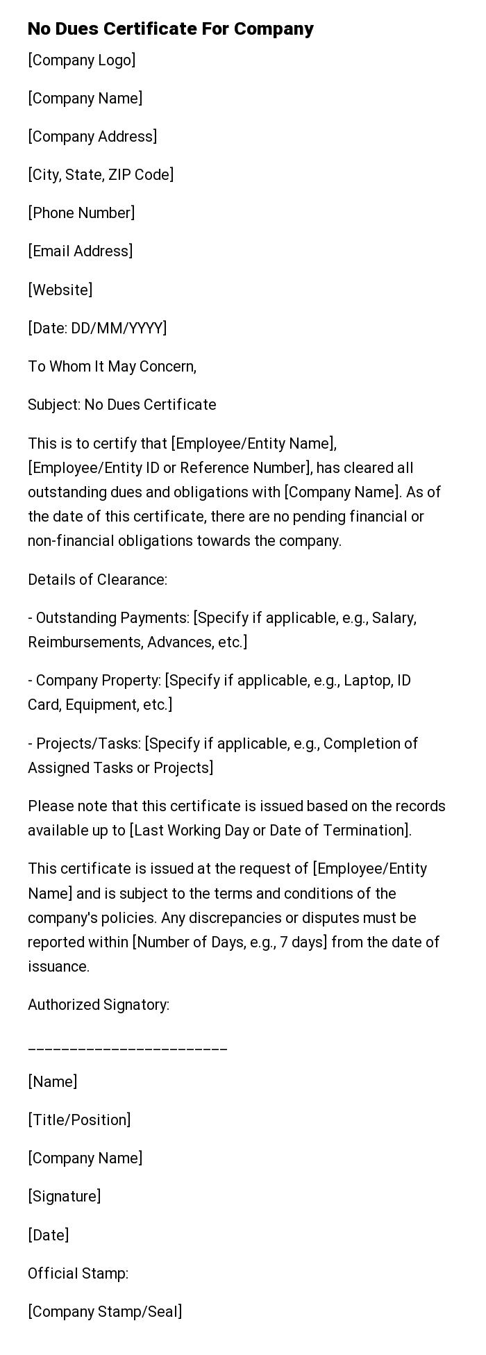No Dues Certificate For Company