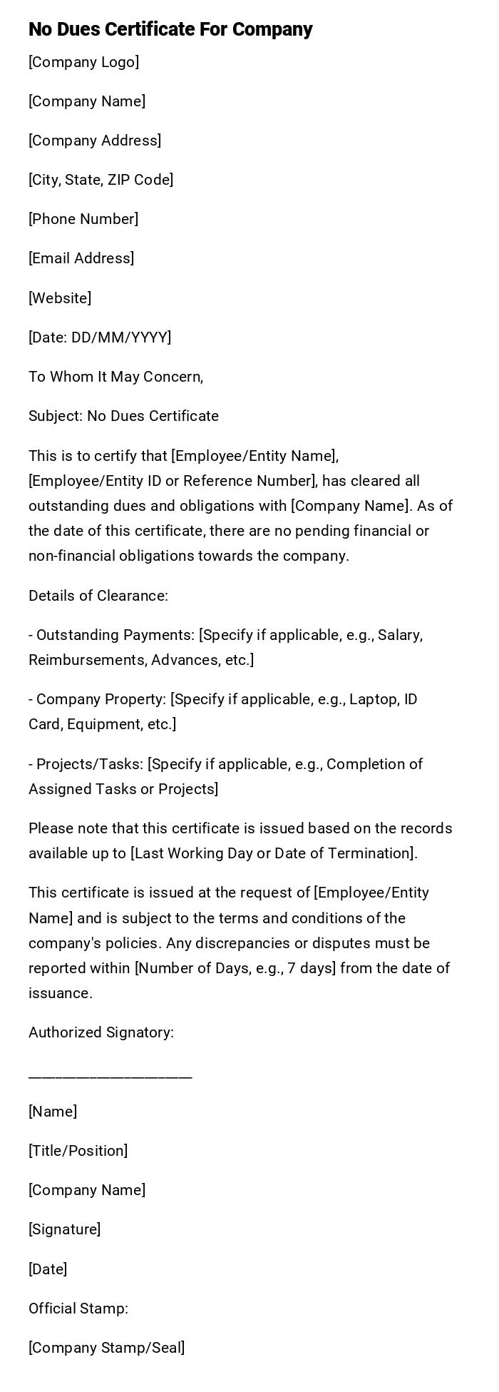 No Dues Certificate For Company