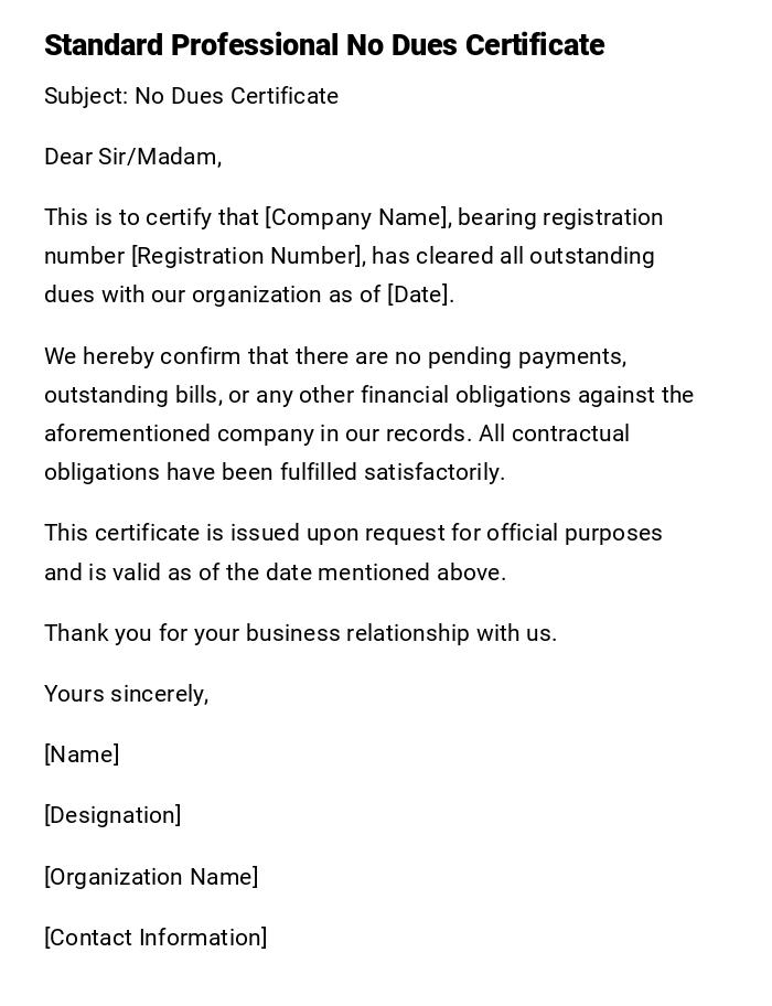 Standard Professional No Dues Certificate Standard Professional No Dues Certificate