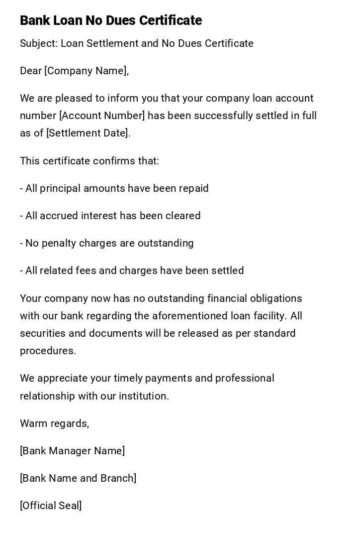 Bank Loan No Dues Certificate Bank Loan No Dues Certificate