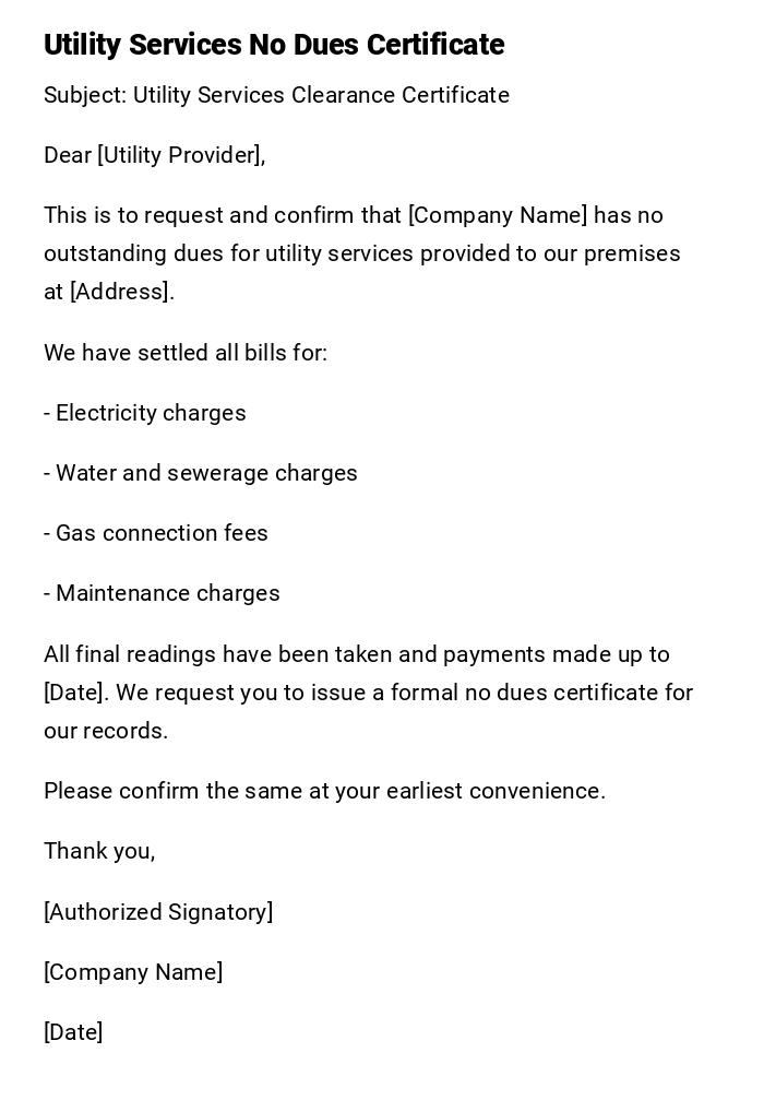Utility Services No Dues Certificate Utility Services No Dues Certificate