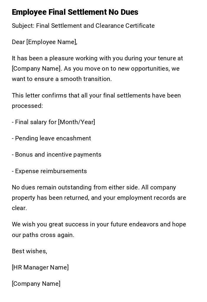 Employee Final Settlement No Dues Employee Final Settlement No Dues