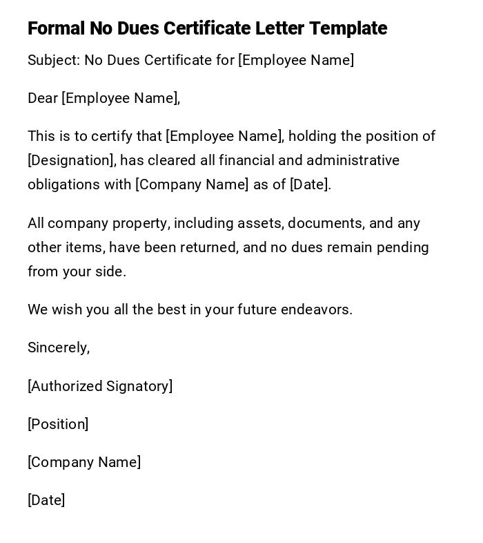 Formal No Dues Certificate Letter Template Formal No Dues Certificate Letter Template