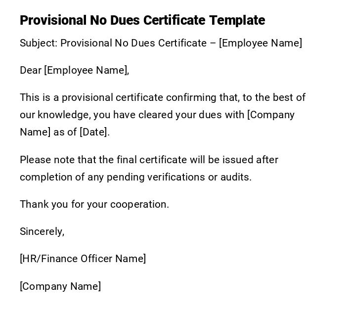 Provisional No Dues Certificate Template Provisional No Dues Certificate Template
