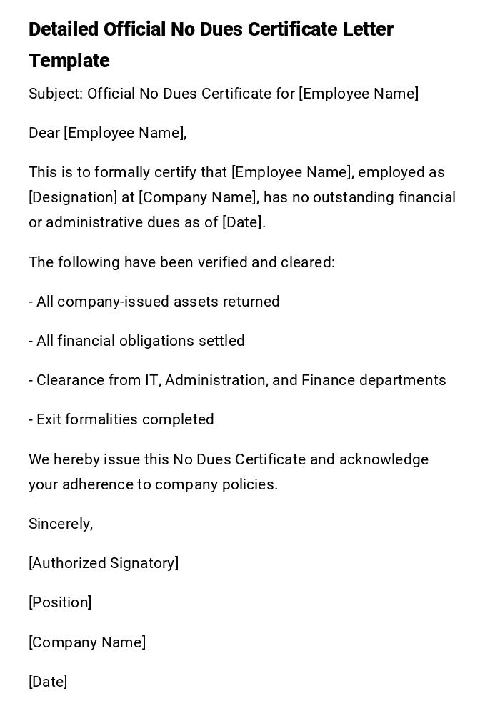 Detailed Official No Dues Certificate Letter Template Detailed Official No Dues Certificate Letter Template