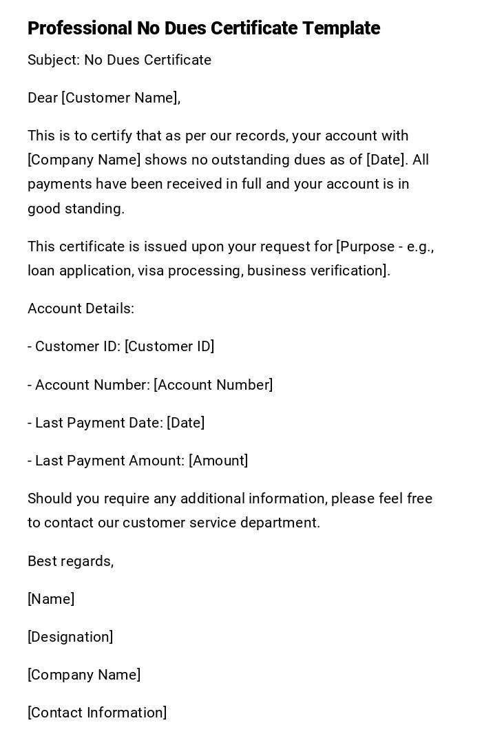 Professional No Dues Certificate Template