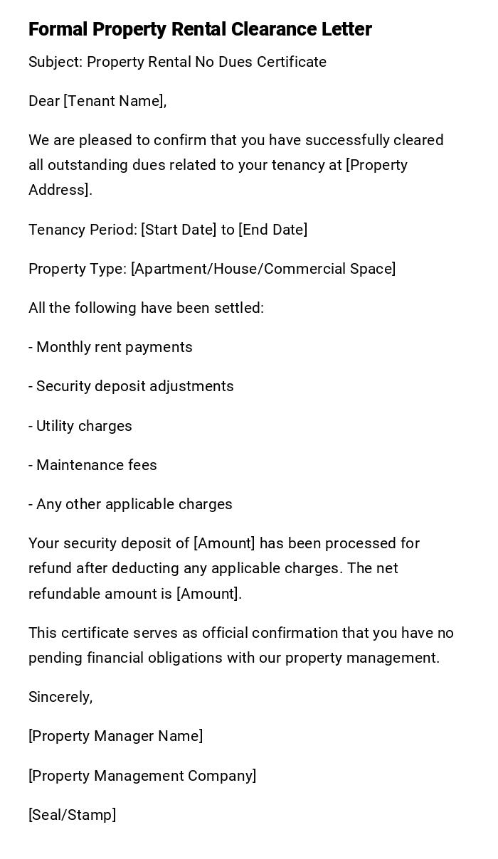 Formal Property Rental Clearance Letter