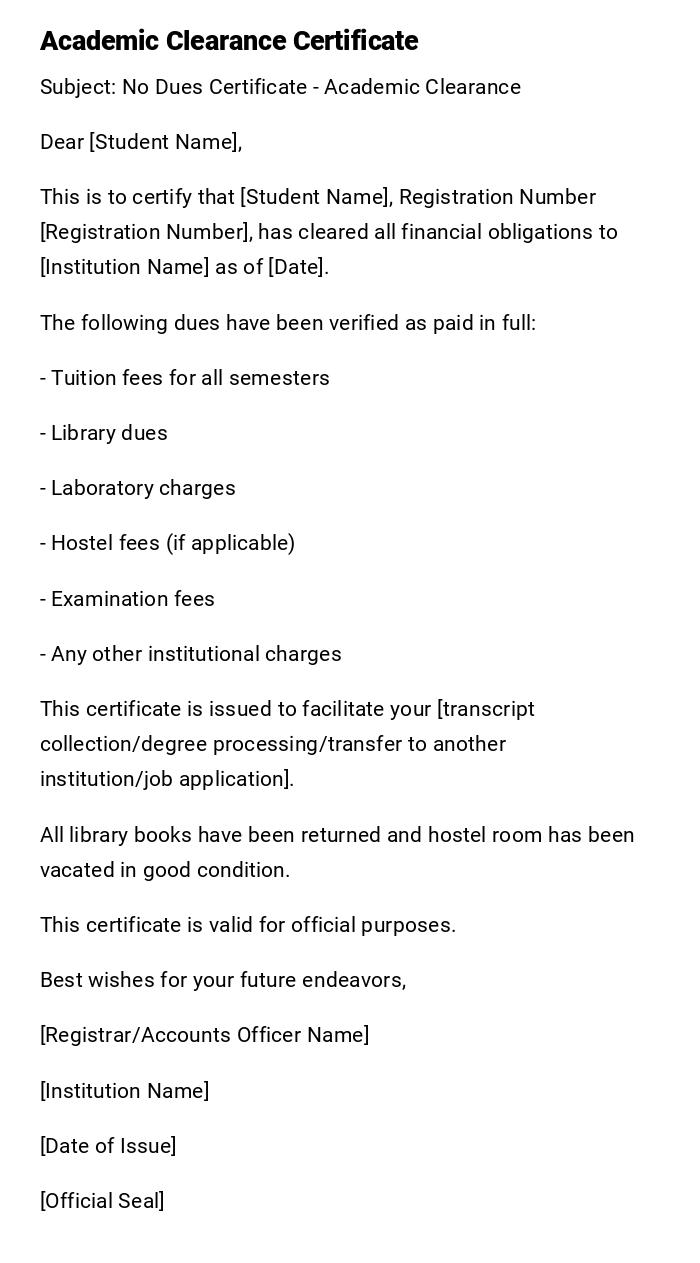Academic Clearance Certificate