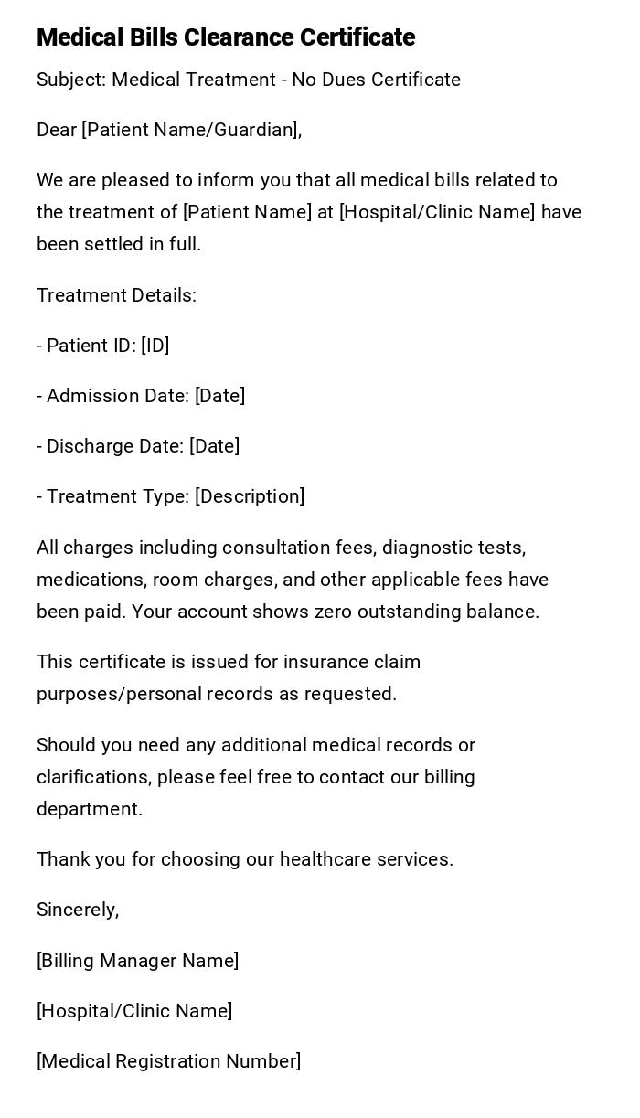 Medical Bills Clearance Certificate